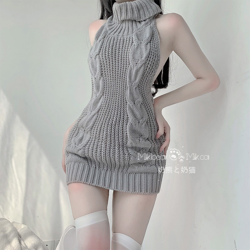 Milk Bear and Milk Cat: свитер с воротником и открытой спиной в японском стиле, облегающая длинная сексуальная трикотажная короткая юбка, закрывающая бедра, пижама для свиданий