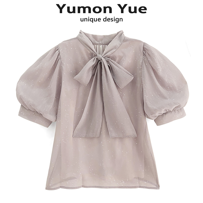 Japanese-Style Sweet High-Neck Lantern Sleeve Top 2025 New Bow Tie Blouse, Can Be Worn Front and Back, Cool Feeling