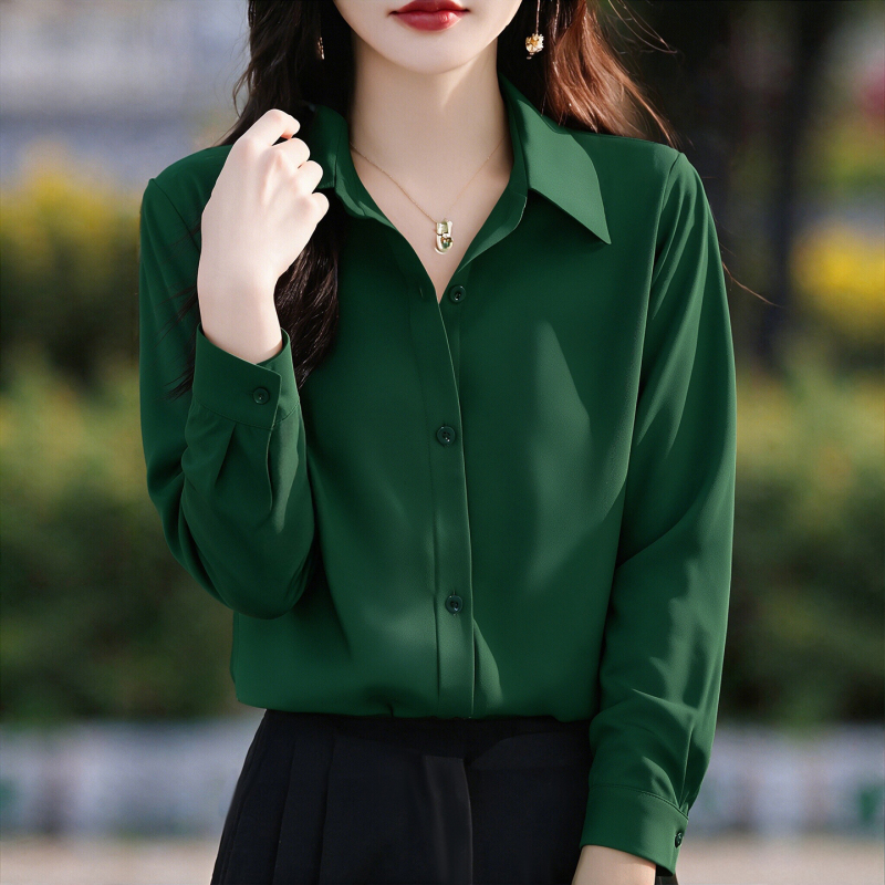 Dark Green Long-Sleeved Chiffon Shirt for Women, Spring and Autumn Thin Style, High-End, Elegant, Workwear, Right-Shoulder Lapel Shirt Top Dark Green Long-Sleeved Chiffon Shirt for Women, Spring and Autumn Thin Style, High-End, Elegant, Workwear, Right-Shoulder Lapel Shirt Top