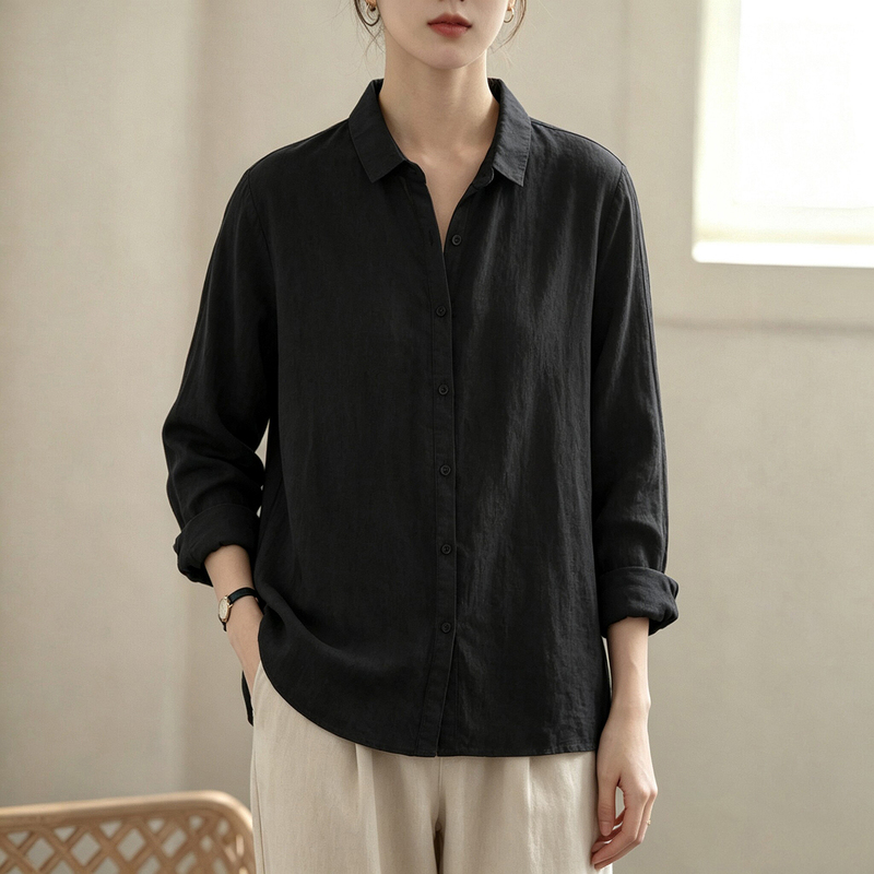 Artistic Retro Long-Sleeved Black Shirt for Women, Spring and Autumn Casual, Relaxed, Loose, Pure Cotton, Linen-Like Lapel Top