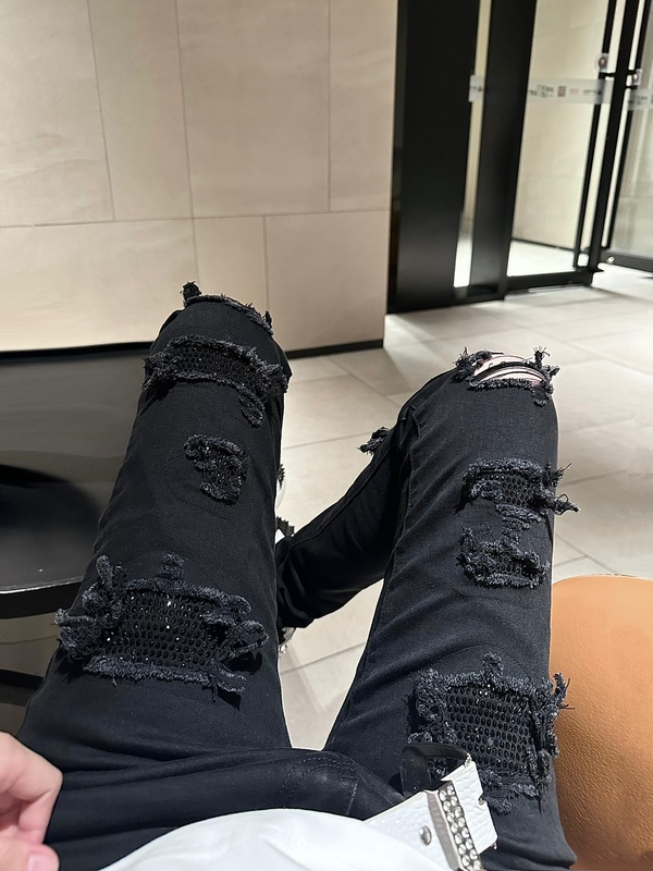 7Qi Trendy Brand Light Luxury Stretch Slim Fit Ripped Rhinestone Black Diamond Ripped Jeans High Street Style Unisex