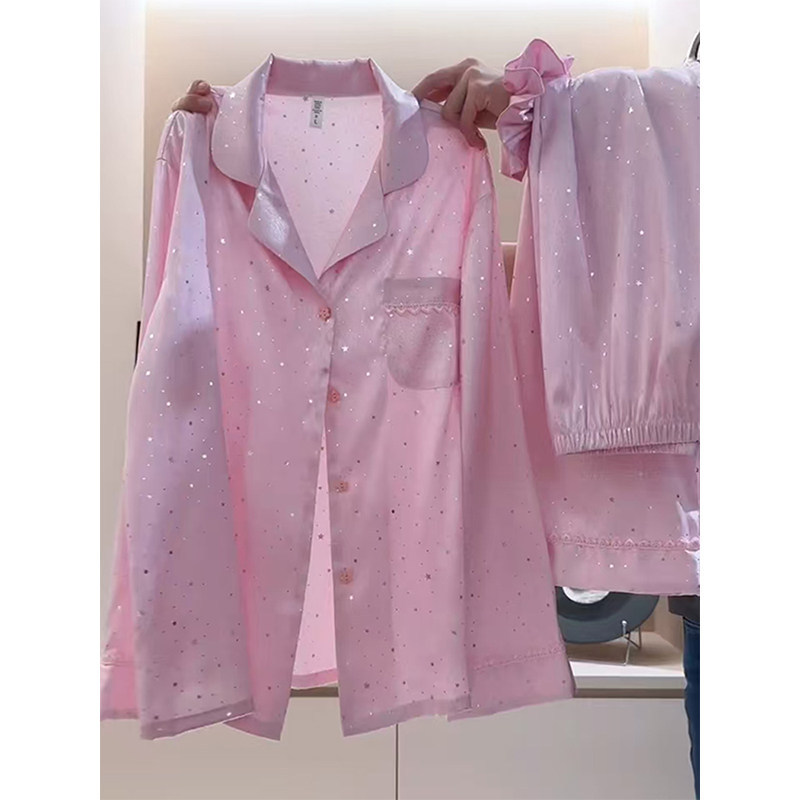 Design-Inspired Star Sequin Ice Silk Long-Sleeve Pajamas for Women 2026 Spring and Autumn New Style Shirt and Pants Loungewear Two-Piece Set Design-Inspired Star Sequin Ice Silk Long-Sleeve Pajamas for Women 2026 Spring and Autumn New Style Shirt and Pants Loungewear Two-Piece Set