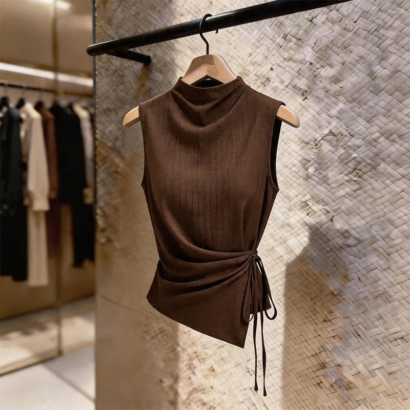 Trendy and Unique Design Waist-Cinching Vest 2026 Summer Socialite Style Coffee-Colored Sleeveless Tie-Up Top