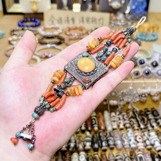 尼泊尔回流老货手牌镶嵌绿松蜜蜡珊珊手围15.5