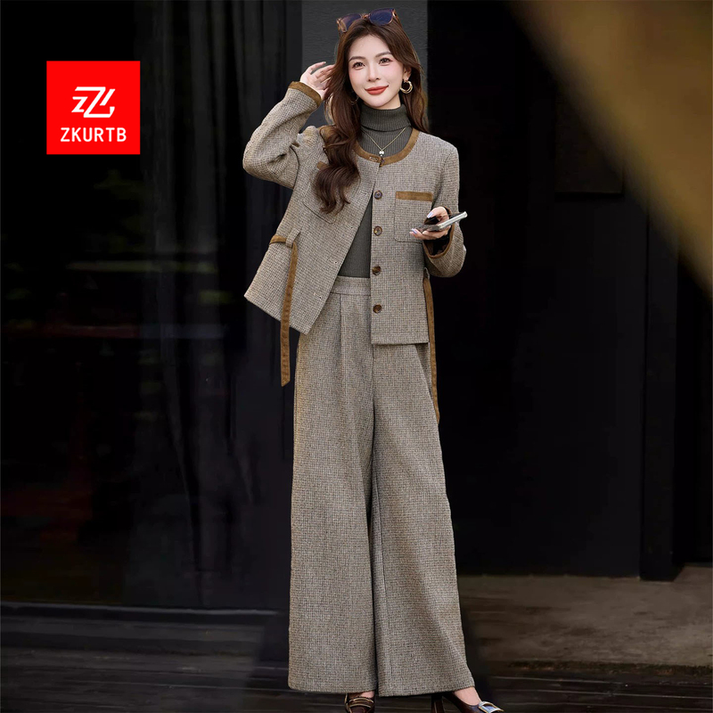 Zkurtb Small Fragrant Style Quilted Jacket and Wide-Leg Pants Set for Women, New Autumn and Winter High-End Stylish Plaid Two-Piece Set