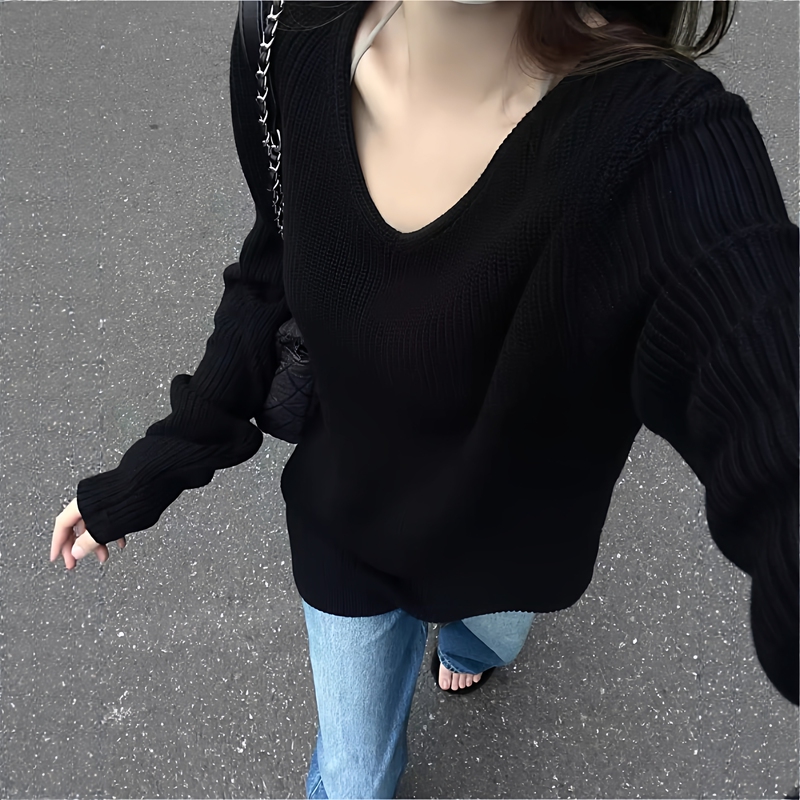 Sun11 Studio Black V-Neck Knit Top, Lazy Sweater for Women, Autumn and Winter, High-End Loose Style Knitwear