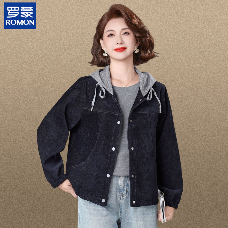 Romon's Stylish Mom's Autumn Hooded Denim Jacket, New Short Jacket for Middle-Aged and Elderly Women in Autumn