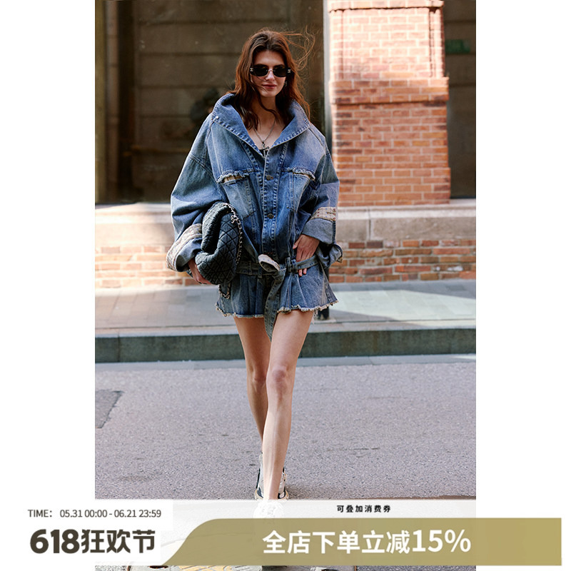 Luna7Xi Heavy-Duty Distressed Washed Denim Jacket for Women, Loose Fit, Drop Shoulder Design, Belt Decoration Jacket Top