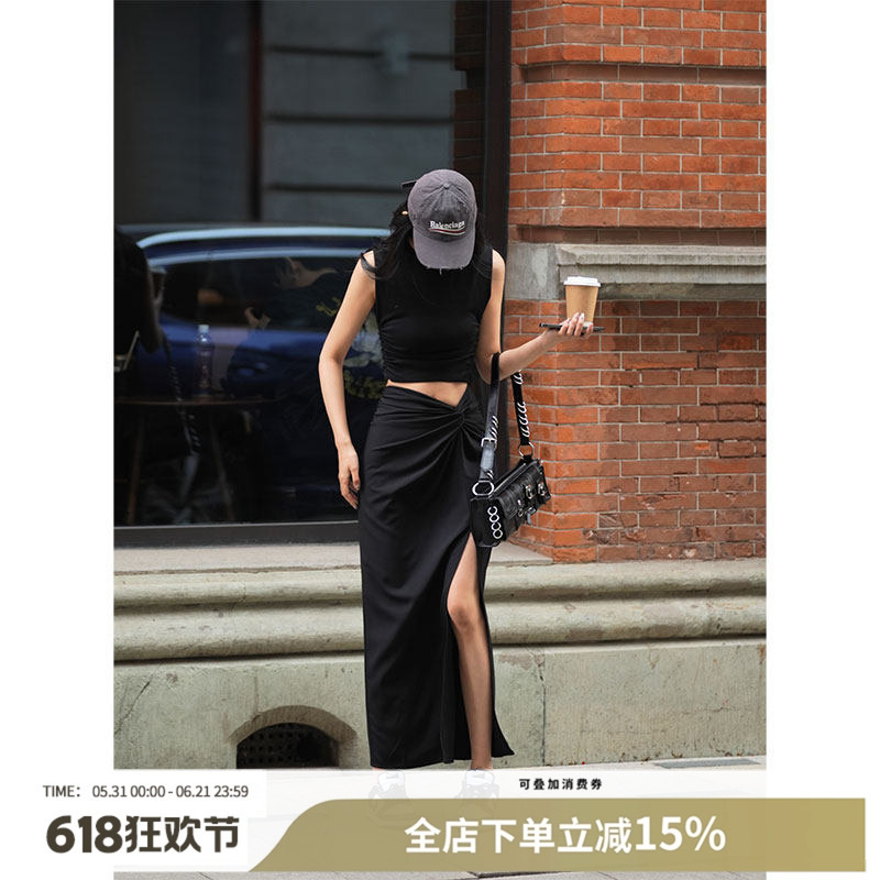 Luna7Xi Black Design Skirt for Women, Summer Versatile Casual High-Waisted Slimming Straight Skirt with Slit Long Skirt
