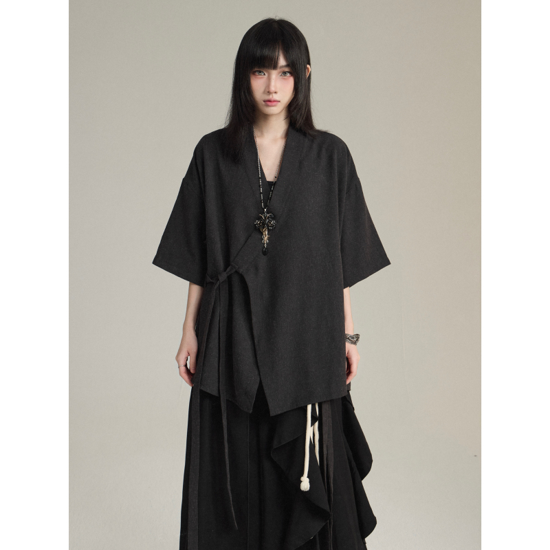 Fg721 Summer Thin Japanese Retro Top for Women New Chinese Style Robe Tie Short Sleeve Shirt Unisex Jacket
