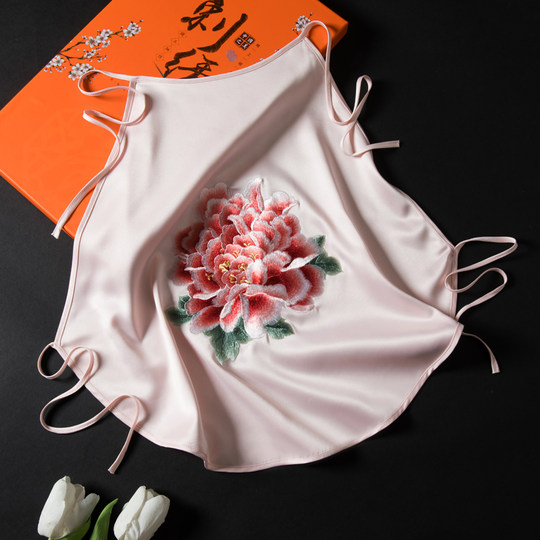 Suzhou broderie bandeau rouge simulé soie double couche adulte pur fait à la main rétro style chinois sous-vêtements pyjama à bretelles pour femmes