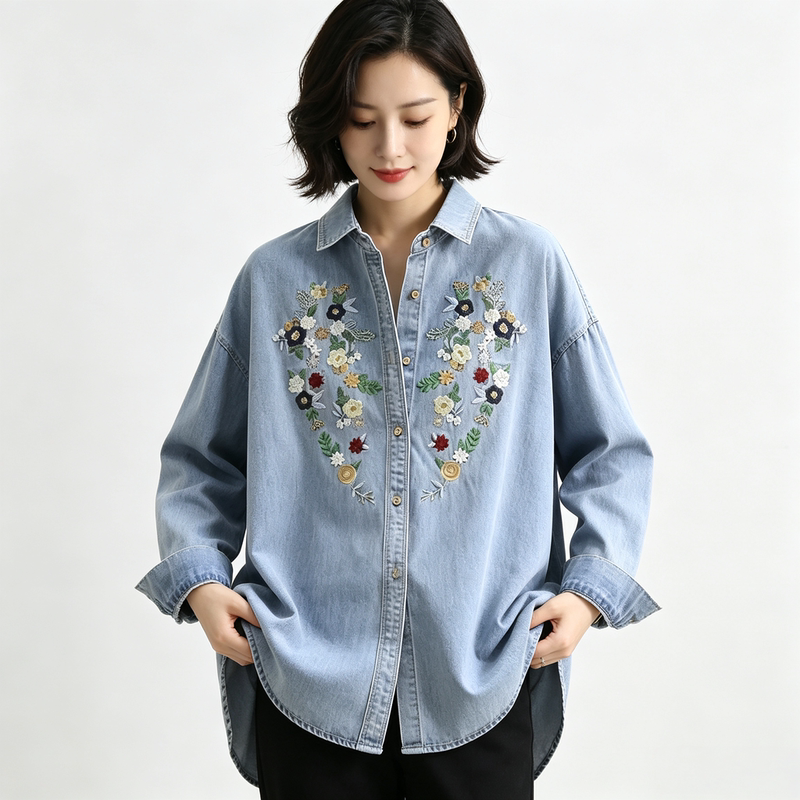 Non-Curling Retro Embroidered Denim Shirt Jacket for Women, Autumn 2026 New Style, Loose Design, Long-Sleeved Top Non-Curling Retro Embroidered Denim Shirt Jacket for Women, Autumn 2026 New Style, Loose Design, Long-Sleeved Top
