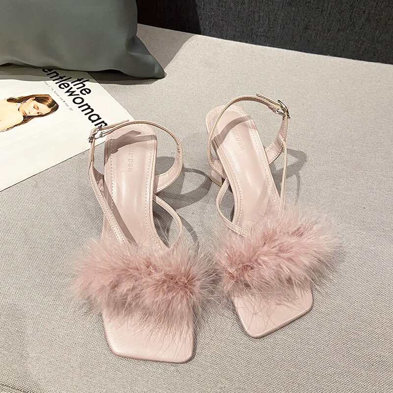 Gentle Fairy Style Square-Toe Furry Sandals for Women 2026 Summer New Style Elegant Feather High Heels for Women to Wear Outside Gentle Fairy Style Square-Toe Furry Sandals for Women 2026 Summer New Style Elegant Feather High Heels for Women to Wear Outside