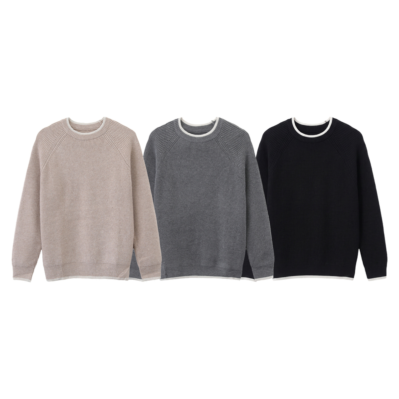 Motilren Contrast Color Trim Round Neck Sweater Ribbed Texture Raglan Sleeve Wool Blend Loose Knit Sweater for Men