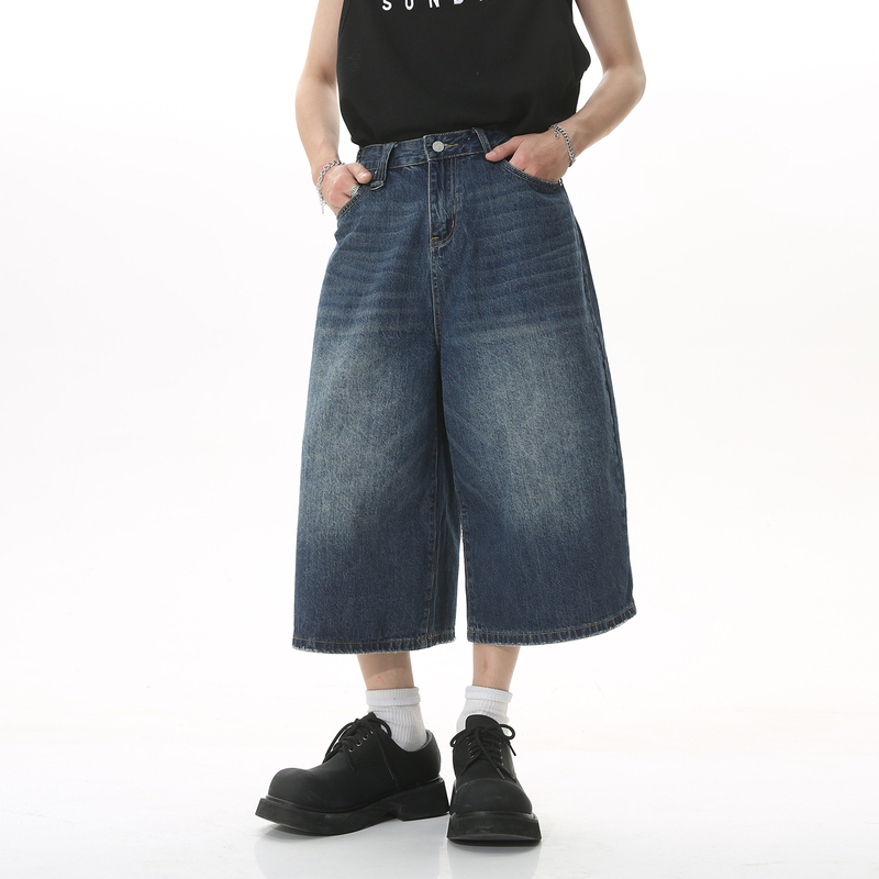 Motilren Summer New Dark Blue Denim 7-Point Pants for Men, Versatile Loose Wide-Leg Straight Shorts, Seven-Point Pants