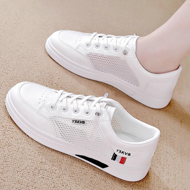 Tmall Genuine Leather White Sneakers for Women 2025 Summer New Mesh Breathable Sports Sneakers Lightweight Casual Shoes for Women