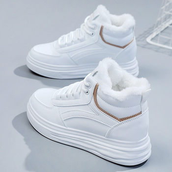Fleece-Lined and Thickened White Sneakers for Women, 2025 New Winter Model, Height-Increasing, Casual, Versatile, Warm Cotton Shoes, High-Top Women's Shoes