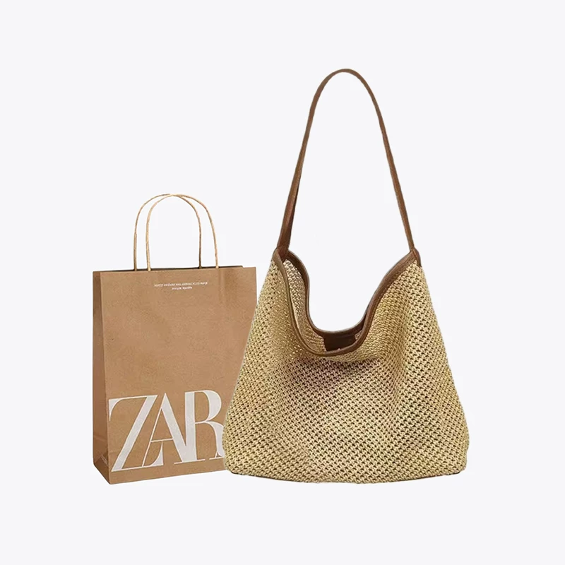 ZARA пляжная соломенная тканая вместительная сумка на одно плечо