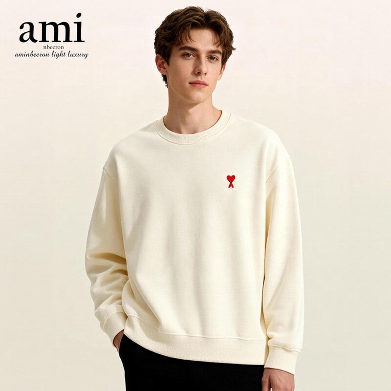 Ami Nbeeron Official Authentic Embroidered Crewneck Sweatshirt for Men and Women, Winter Fleece-Lined, American High Street Style, Loose Fit, Spring and Autumn