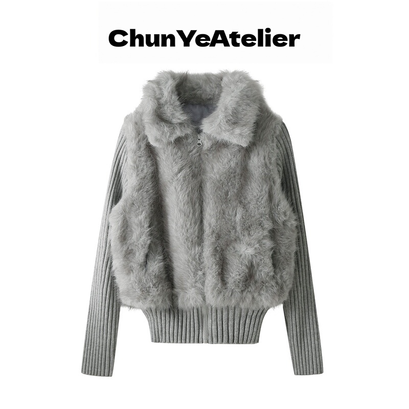 Chunyeatelier Korean Style Knitted Spliced Fur Women's Autumn Fur Integrated Warm Fox Fur Short Coat