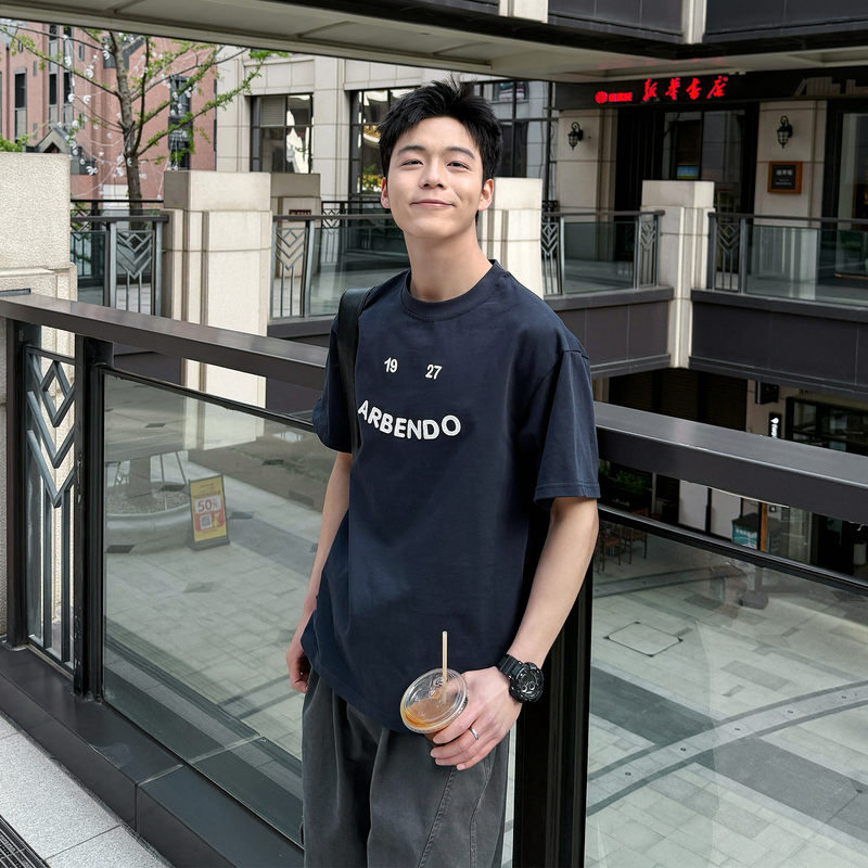 2026 Summer New Japanese Style Navy Blue Simple Short-Sleeve Patch Embroidered Letter T-Shirt for Men, Loose Casual Top