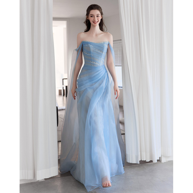 Blue Off-The-Shoulder Evening Dress for Girls, Birthday, Art Exam, Super Fairy-Like Long Dress, Banquet, Bride, Engagement, Toast Dress, Light Gauze Robe Blue Off-The-Shoulder Evening Dress for Girls, Birthday, Art Exam, Super Fairy-Like Long Dress, Banquet, Bride, Engagement, Toast Dress, Light Gauze Robe