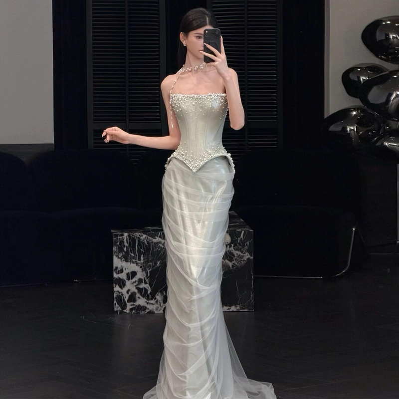 Sexy Strapless High-End Evening Dress for Women, French Pearl Decoration, Birthday Party, Stunning Mermaid Bride Dress Sexy Strapless High-End Evening Dress for Women, French Pearl Decoration, Birthday Party, Stunning Mermaid Bride Dress
