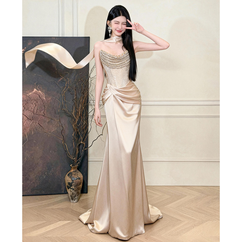 Strapless Heavy Sequin Evening Dress for Women, High-End Banquet, Birthday, Light Luxury, Niche Bride, Engagement, Wedding, Toast Dress Strapless Heavy Sequin Evening Dress for Women, High-End Banquet, Birthday, Light Luxury, Niche Bride, Engagement, Wedding, Toast Dress