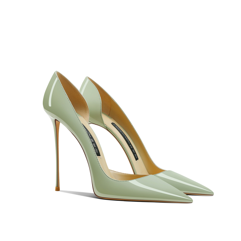 Green Patent Leather High Heels for Women, Pointed Toe, Stiletto Heel, Side Cutout, 2026 Spring New Style, Elegant and Comfortable, Suitable for Skirts and Office Wear