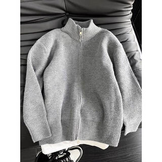 内搭打底灰色双拉链开衫毛衣男款秋冬季针织衫美式休闲慵懒风外套