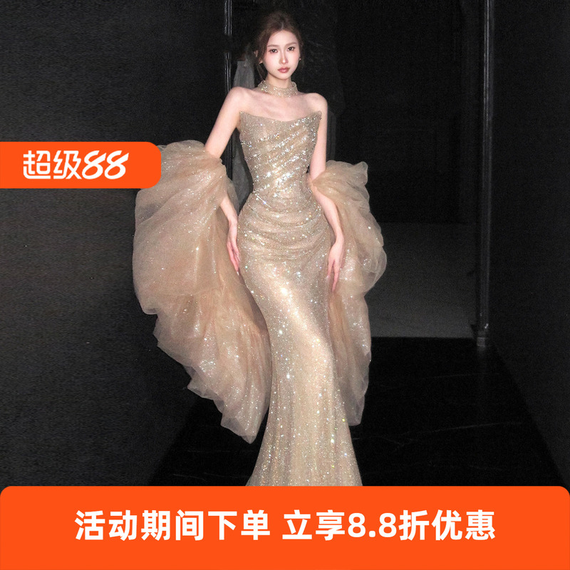 Gold Sequin Evening Dress, Heavy-Duty Strapless Mermaid Gown, Bride's Engagement Toast Dress, Birthday Coming-Of-Age Ceremony Banquet Dress Gold Sequin Evening Dress, Heavy-Duty Strapless Mermaid Gown, Bride's Engagement Toast Dress, Birthday Coming-Of-Age Ceremony Banquet Dress