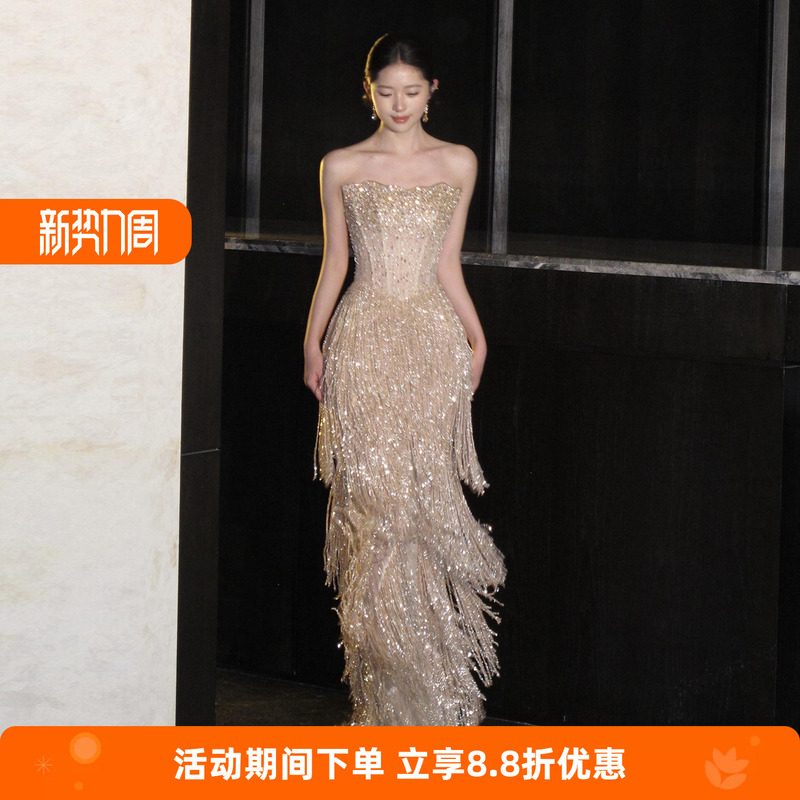 High-End Tassel Sequin Evening Dress 2026 New Style Strapless Light Luxury Super Shiny Heavy-Duty Reception Engagement Toast Dress for Women High-End Tassel Sequin Evening Dress 2026 New Style Strapless Light Luxury Super Shiny Heavy-Duty Reception Engagement Toast Dress for Women