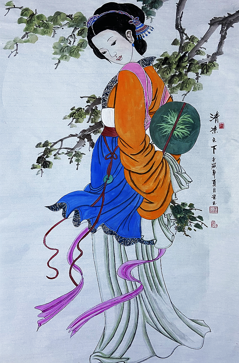 纯手绘工笔侍女图现代美女图原稿客厅装饰画书房挂画四尺人物画像