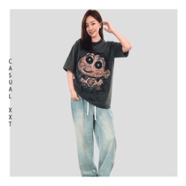 (Cartoon Series) CasualXXT100Oversize Washed and Distressed Loose Couple Pure Cotton Hand-painted T-Shirt