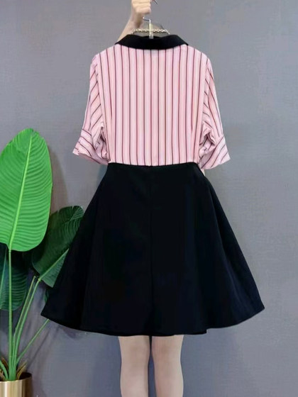 胖mm2025短袖假两件中长款连衣裙拼接气质A字显瘦裙子减龄遮肉