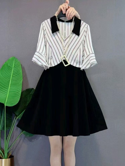 胖mm2025短袖假两件中长款连衣裙拼接气质A字显瘦裙子减龄遮肉