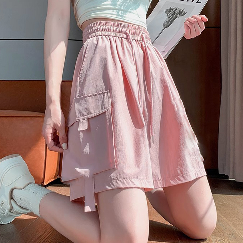 Girls' Cargo Shorts, Summer American-Style Shorts, Thin Quick-Drying Ice Silk Mid-Length Shorts for Older Girls, Wide-Leg Five-Point Shorts
