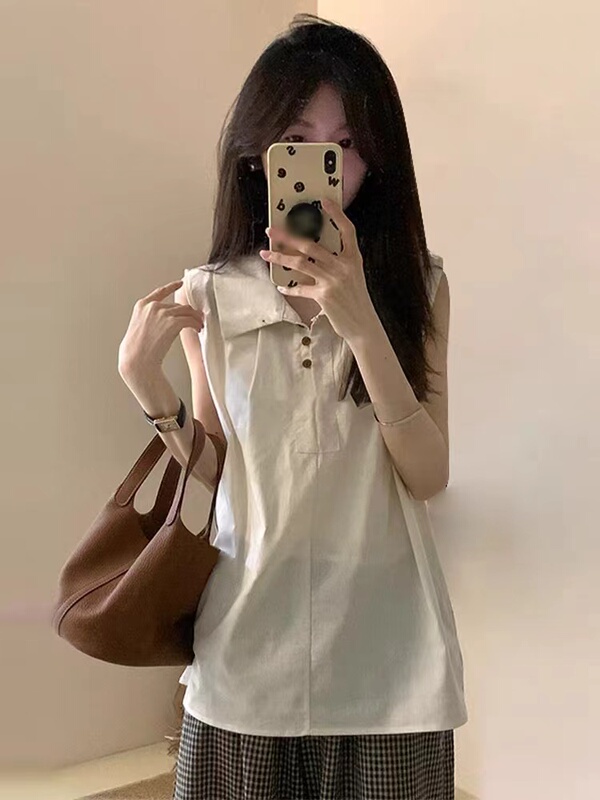 French-Style Sleeveless Tank Top Shirt 2024 New Summer Design Polo Collar Shirt for Women Slimming Trendy Top