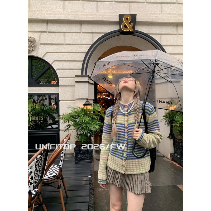 Unifitop Dopamine Color-Block Striped Knit Cardigan Top for Women, New Autumn and Winter Style, Single-Breasted Loose Sweater
