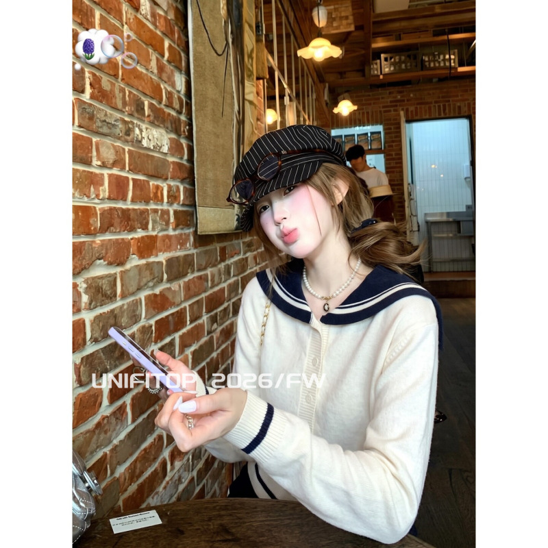 Unifitop Korean-Style Design Navy Collar Knitted Cardigan for Women, Autumn College Style, Age-Reducing, Loose and Versatile Top
