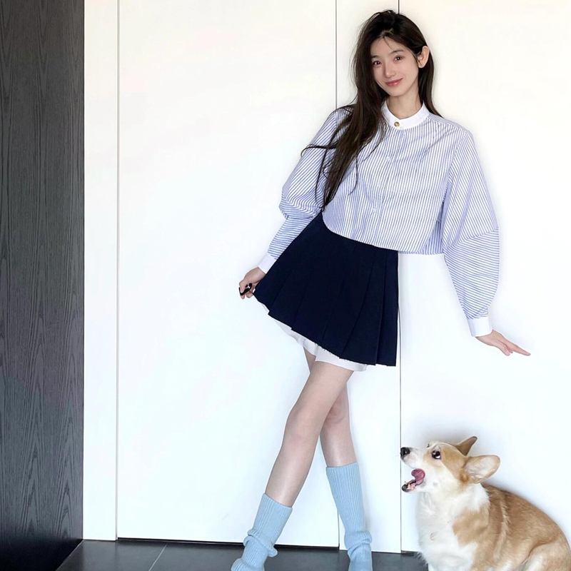 Unifitop 24/Aw Blue and White Striped Long-Sleeved Shirt Korean Style Lazy and High-End Navy Blue Half-Length Skirt for Women