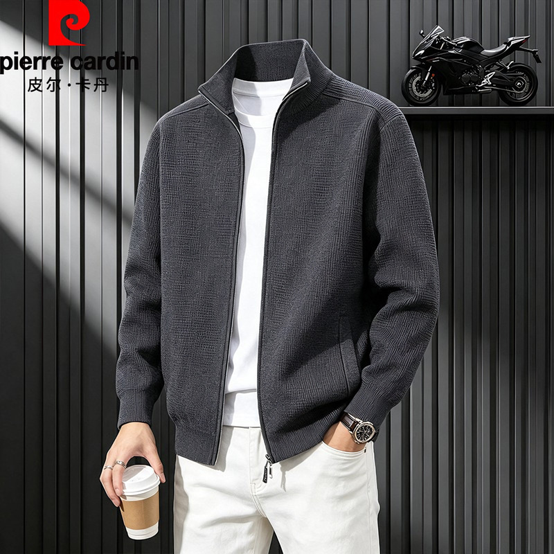 Pierre Cardin 2026 New Autumn Men's Stand-Up Collar Knitted Cardigan Jacket Casual Versatile Long-Sleeved Sweater for Outer Wear