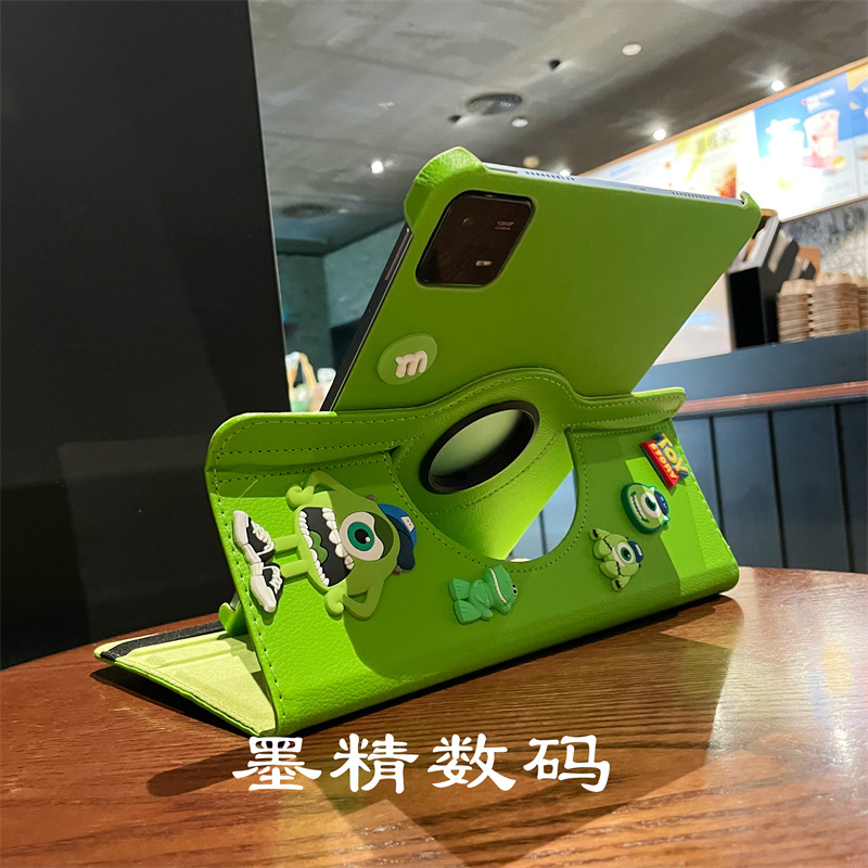 Green Cartoon Three-Eyed Character 360-Degree Rotating Leather Case Suitable for Redmi Pad Pro Tablet Protective Case Se 11inch Xiaomi Tablet 5/6 Pro Protective Case Xiaomi 7/8 Pro Flip Cover 11.2