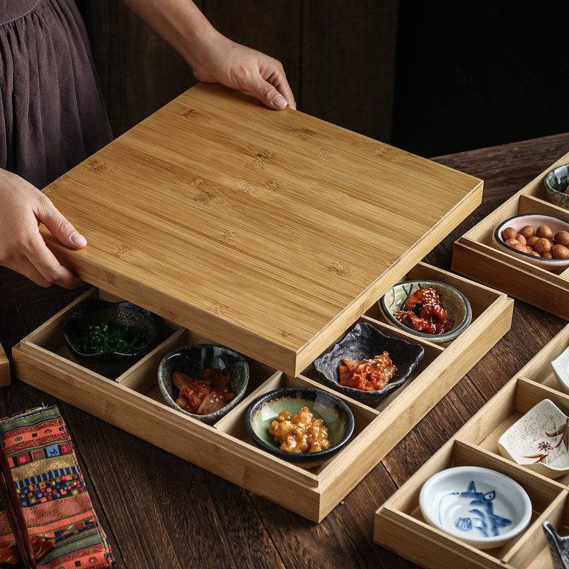 Japanese-Style Nine-Compartment Barbecue Restaurant Divided Plate, Hot Pot Restaurant Grid Tableware with Lid, Multi-Compartment Tray with Plate