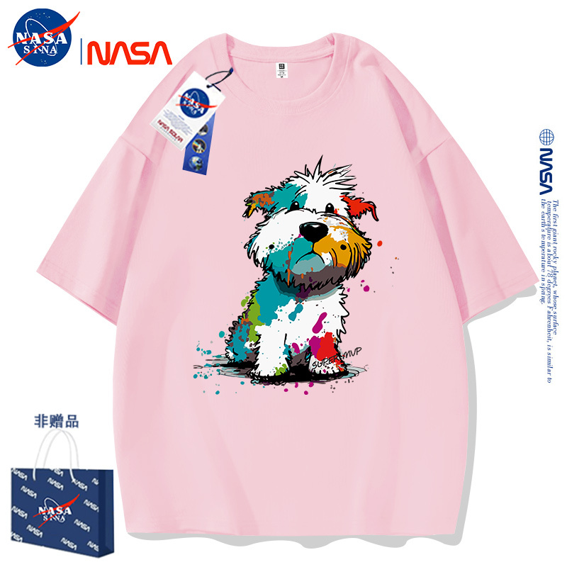 Nasa Pure Cotton Pink Round Neck Short-Sleeved T-Shirt Summer American Style Colorful Graffiti Dog Unisex Couple Style Breathable Shirt