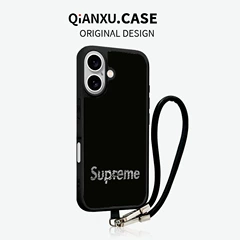 Supreme case — Supreme Trendy Fashionable Black Debossed Logo Silver Wrist Strap Phone Case for iPhone 17, 16, 15, 14 and 13