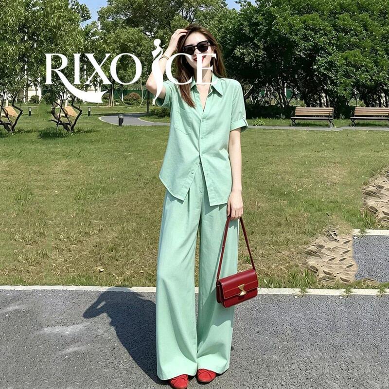 French Rixo Ice Light Luxury Mint Green Shirt and Wide-Leg Pants Set for Women, Summer Lazy Style, Age-Reducing Casual Two-Piece Set