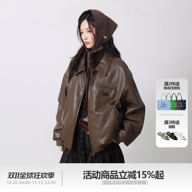 [Same Style as Wang Sulong] Lml Lovemelater Retro Jacket American-Style Lapel Leather Jacket Pu Plaid Cotton Coat