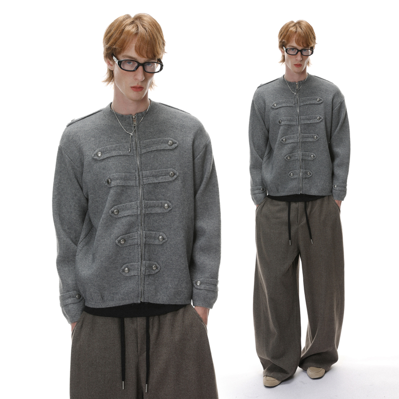 Ravenoasis Palace Style Napoleon Zipper Cardigan Sweater Men's Autumn and Winter Loose Casual Knitwear Jacket