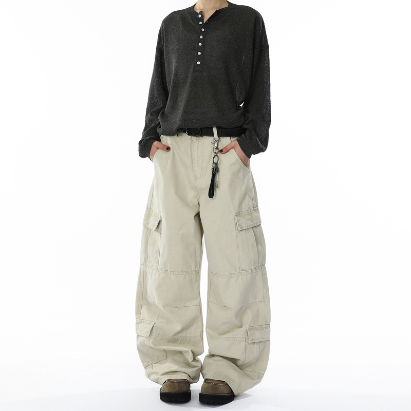 Ravenoasis American-Style Multi-Pocket Design Casual Cargo Pants for Men and Women, Vintage Washed Loose Straight-Leg Pants